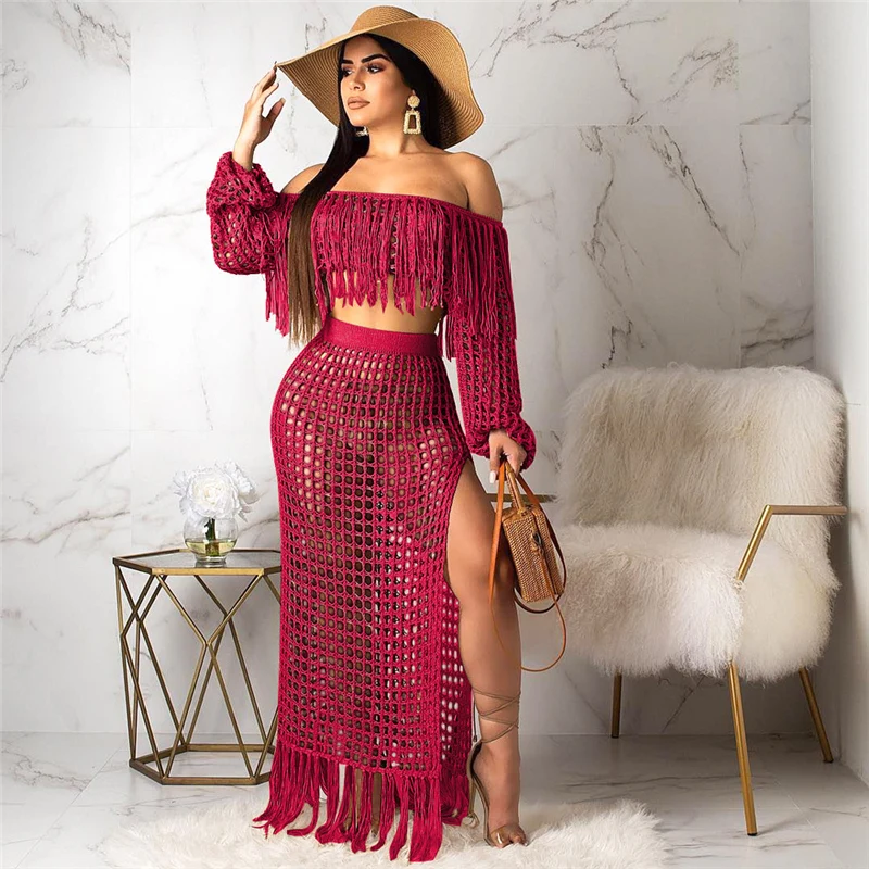 PinePear ажурные кисточкой See Through укороченный топ с длинными рукавами+ юбка макси комплект из 2 предметов женский купальник, пляжная одежда дропшиппинг