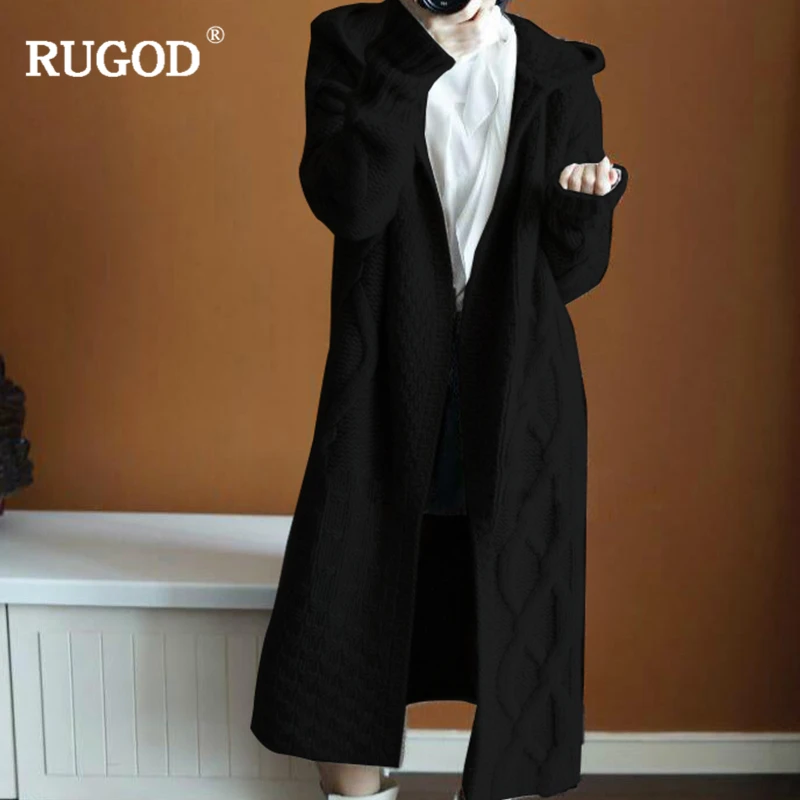 Женский длинный кардиган RUGOD повседневный однотонный вязаный свитер с капюшоном