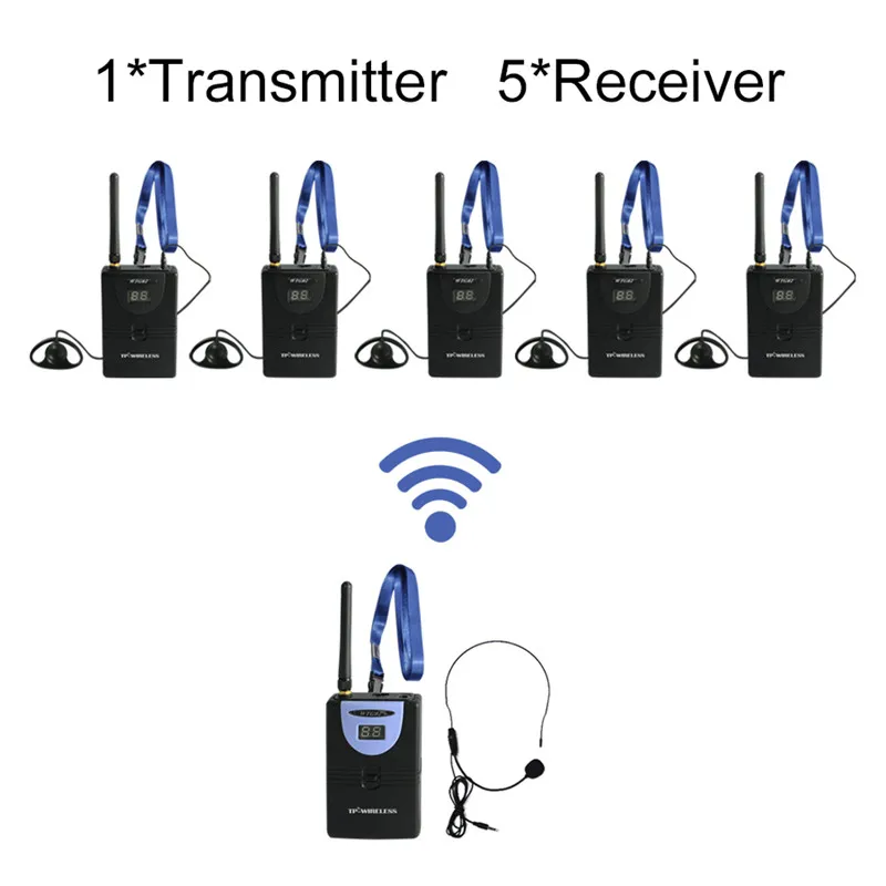 1Tx and 5 Receivers TP-Беспроводная система гида 1 передатчик+ 5 приемник+ микрофон+ гарнитура аудио Беспроводная синхронная церковь/встречи/выставки - Цвет: 1Tx and 5 Receivers
