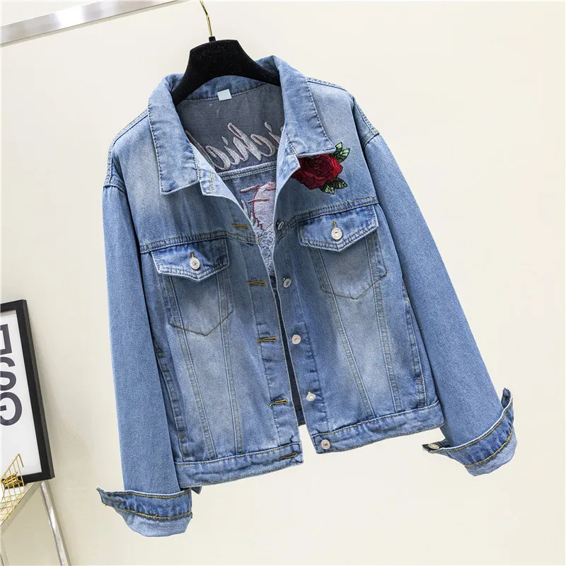 2019 модная женская джинсовая куртка с вышивкой повседневная длинными рукавами и