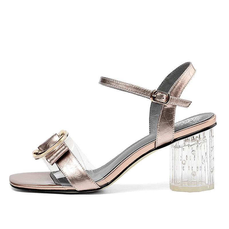 Женские Прозрачные Сандалии ISNOM на прозрачном каблуке с пряжкой из коровьей кожи