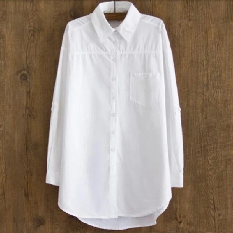 

2021 Autumn Summer Women Shirts Blouses Turn-down Collar Long Sleeve Shirts Mid Long 100% Cotton Shirts Tops Women LY318