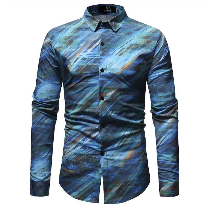 Осенние мужские рубашки Новая Мода Покер печатных Slim Fit мужские клетчатые повседневные мужские рубашки Chemise Homme Manche Longue - Цвет: CS129