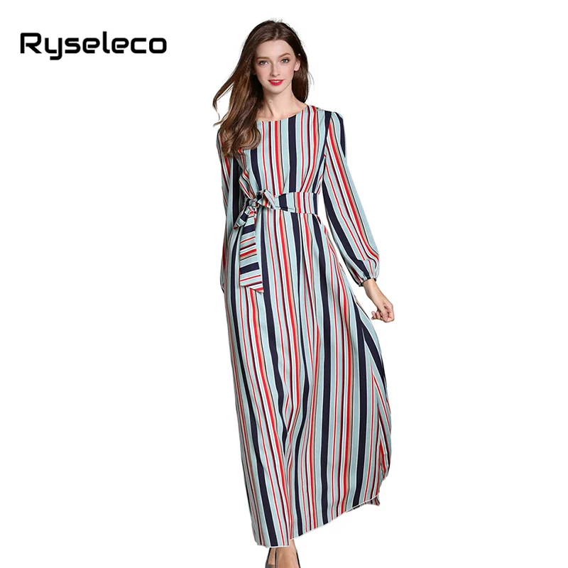 

Women Long Maxi Dresses Slim Elegant 2018 Autumn Colorful Vertical Striped Long Sleeve Bohemian Casual Slash Ties Flare Vestidos