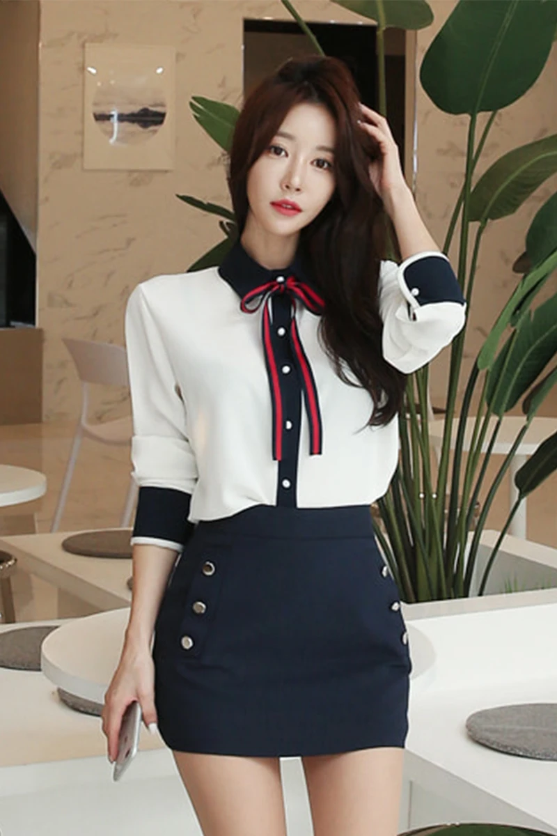 

2 Piece Set Women Suit Spring Office Gray white bow Blouse Shirt Tops and black Mini Skirts Crop Top and Skirt Vestidos