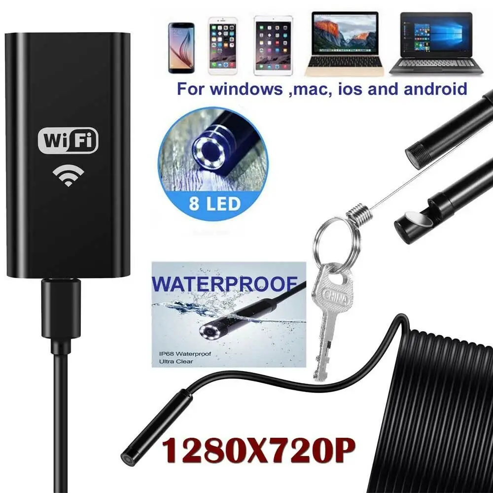 Pripaso HD Waterproof WiFi Endoscope Inspection 8 LED Camera Built in Battery for iPhone Android IOS 8MM 1M Long Cable | Безопасность и