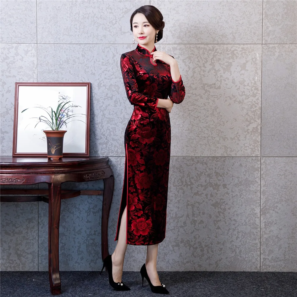 Шанхай история Замочная скважина с длинным рукавом Винтаж Цветочный Qipao длинный