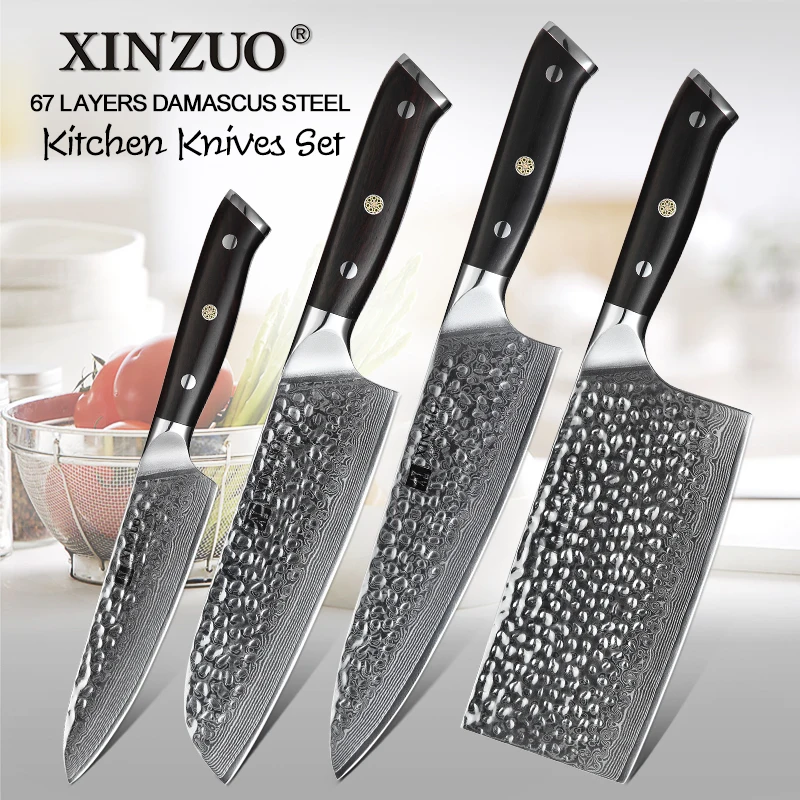 XINZUO 4 шт набор кухонных ножей 67 слоев дамасской стали нож шеф-повара Santoku кухонные ножи из нержавеющей стали столовые приборы
