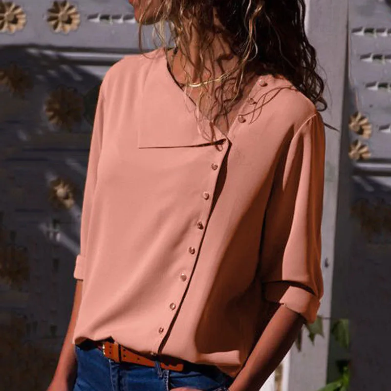 

womens tops and blouses Button irregular diagonal collar long sleeve loose female chiffon shirt woman clothes plus size tops