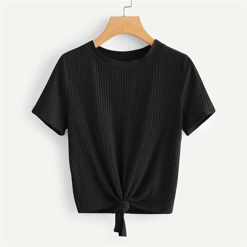 SweatyRocks неоновая цветная футболка с узлом спереди, стильная модная эластичная футболка, летняя повседневная женская желтая футболка и топы
