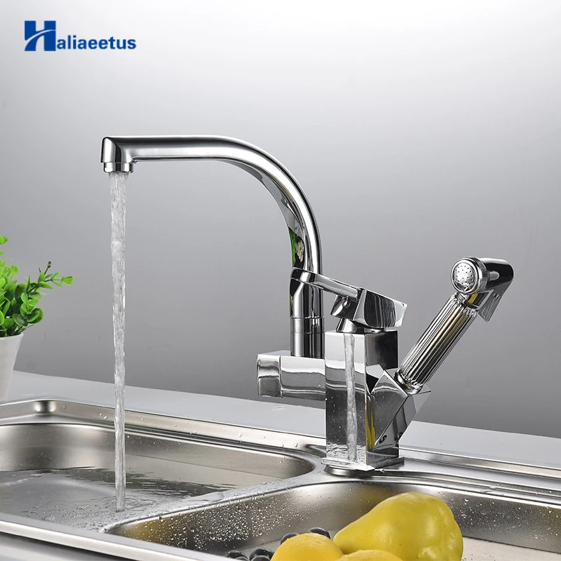 

Haliaeetus modern Solid Brass Pull Out Spray Chrome Brass Kitchen Faucet Mixer Tap hot and cold Kitchen Single Handle Two Spouts