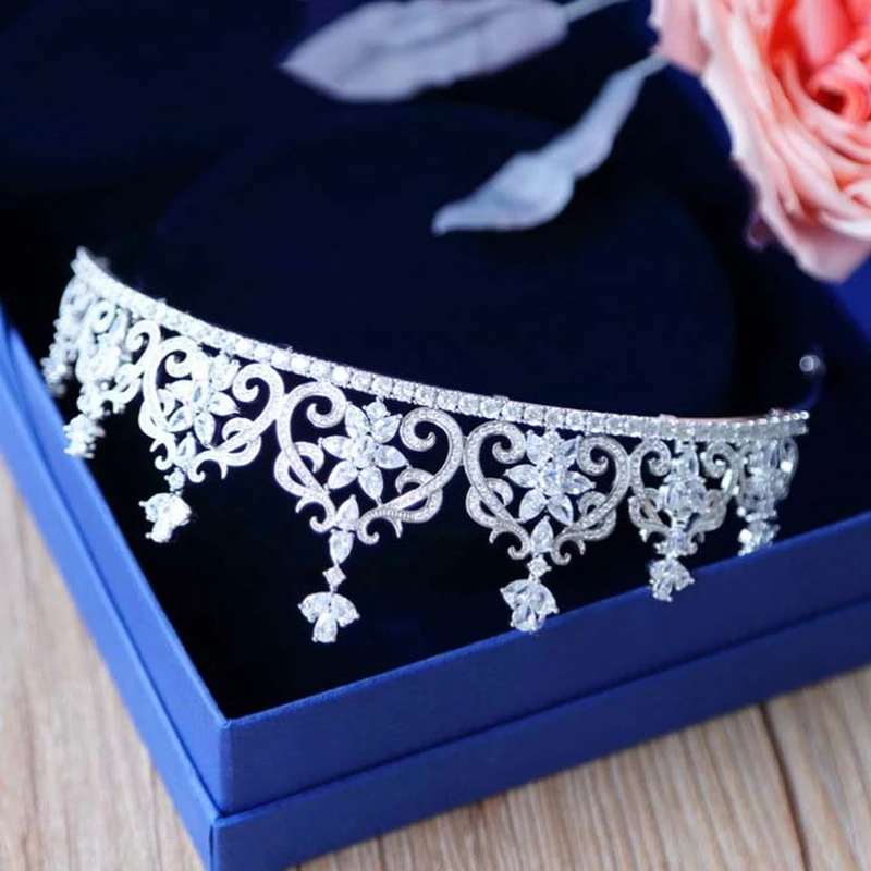 New Fashion Cubic Zirconia Tiara Crown Marquise-Cut Zircon Flower Headband Jewelry Wedding Bride Headdress Queen Headpiece Gifts | Украшения