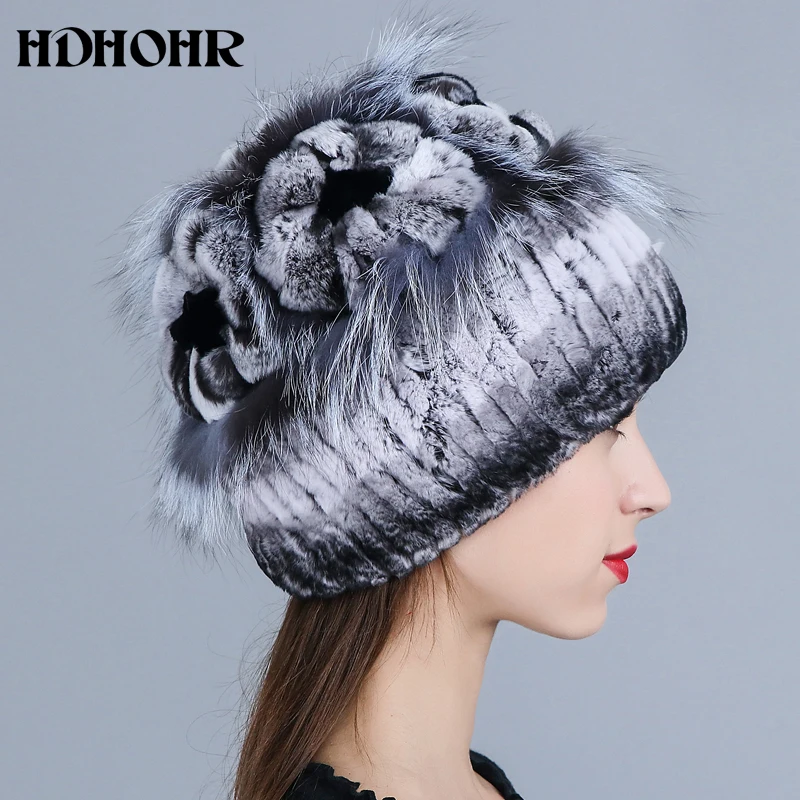 HDHOHR 2018 НОВАЯ шапка из натурального меха шапки кролика Рекс серебристого лисьего