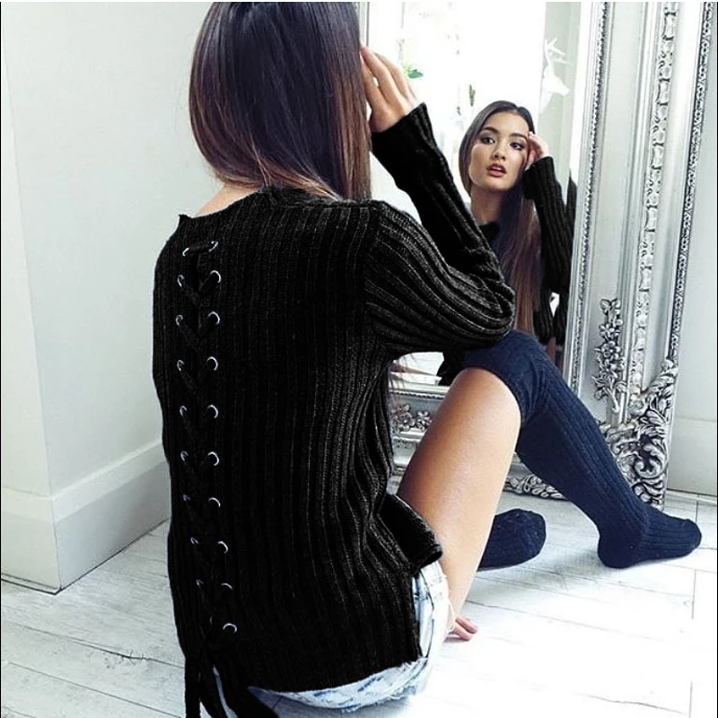 Трикотажные Зимние Женские Теплые Свитера Назад Повязку Пуловеры Осень С