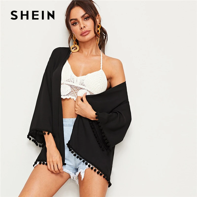 SHEIN однотонное кимоно с помпонами Черное Шифоновое Бохо женское весеннее осеннее длинное кимоно с длинным рукавом