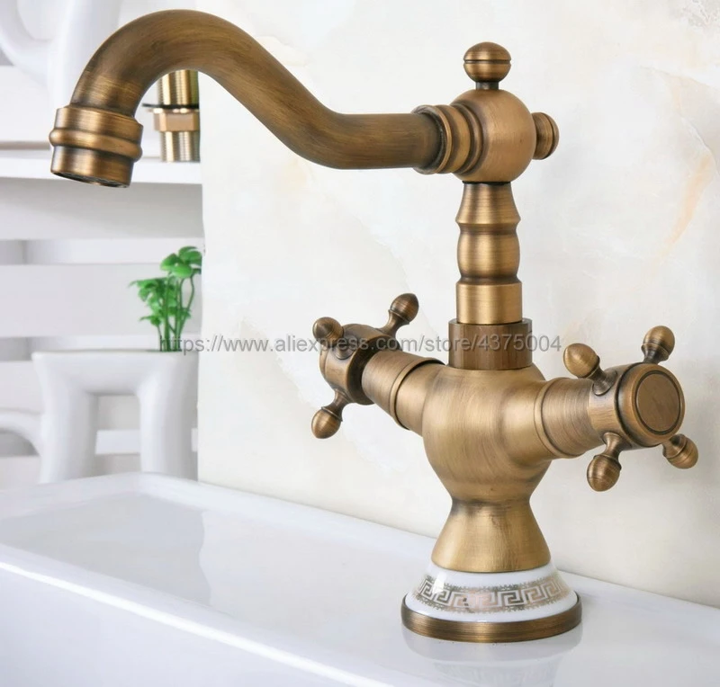 

Basin Faucets Antique Brass Double Cross Handle Bathroom Sink Faucet Swivel Spout Bathbasin Vanity Mixer Taps Nnf604