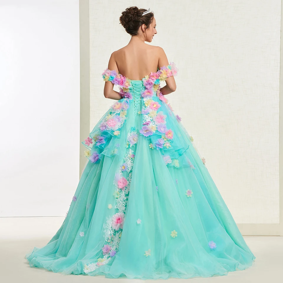 Платье голубого зеленое с аппликацией открытыми плечами Quinceanera платье принцессы