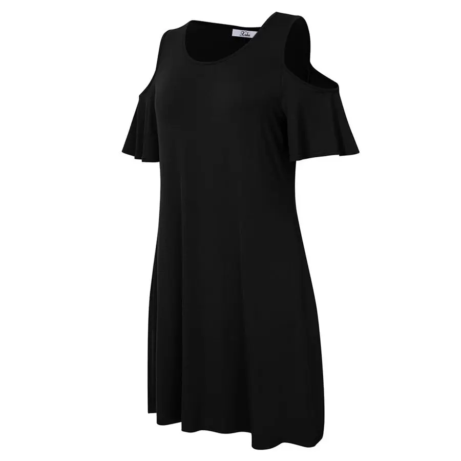 XUBA 2017 Для женщин Свободные Свинг Fit платье рюшами Sleeve Cold Shoulder плиссированные