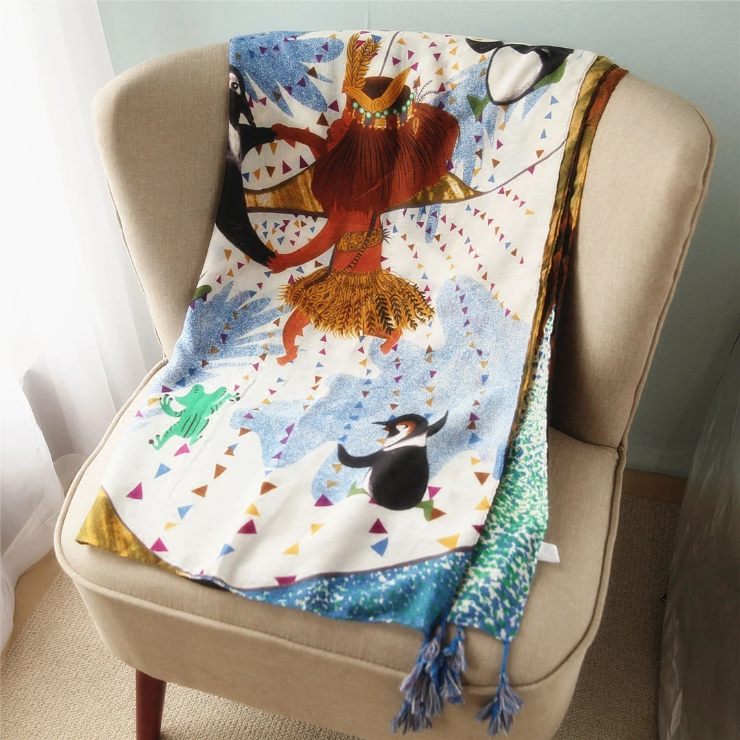 Новый шарф с принтом MS Осенний кисточками Пингвин и индийский узор саржевая шаль