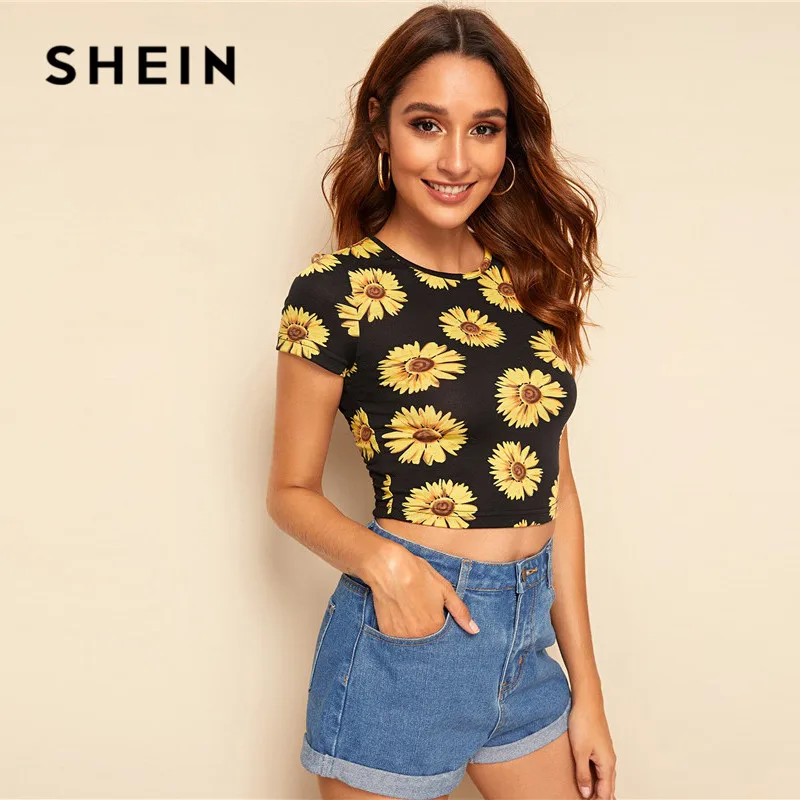 SHEIN, укороченная Футболка с принтом подсолнуха, женская одежда, летняя Приталенная футболка с круглым вырезом, повседневные Черные женские топы с коротким рукавом