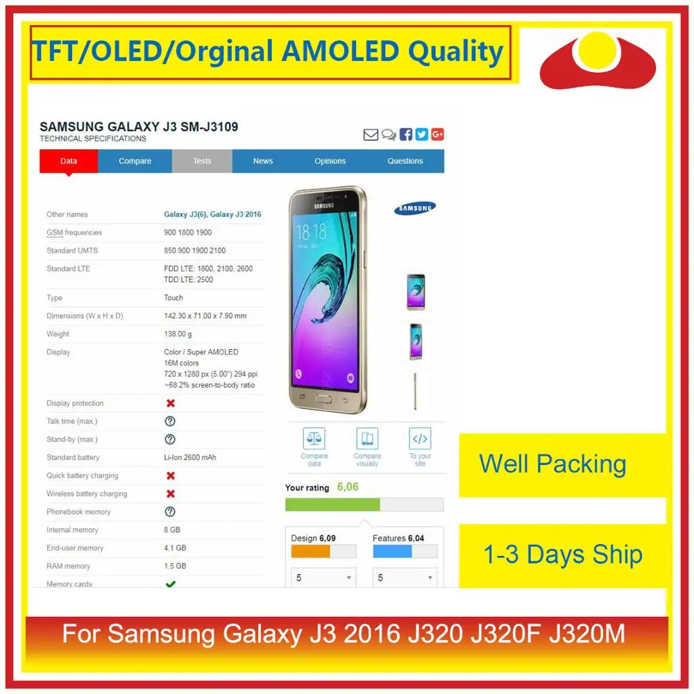 ЖК дисплей с дигитайзером сенсорного экрана для Samsung Galaxy J3 2016 J320F J320M J320Y J320|Экраны