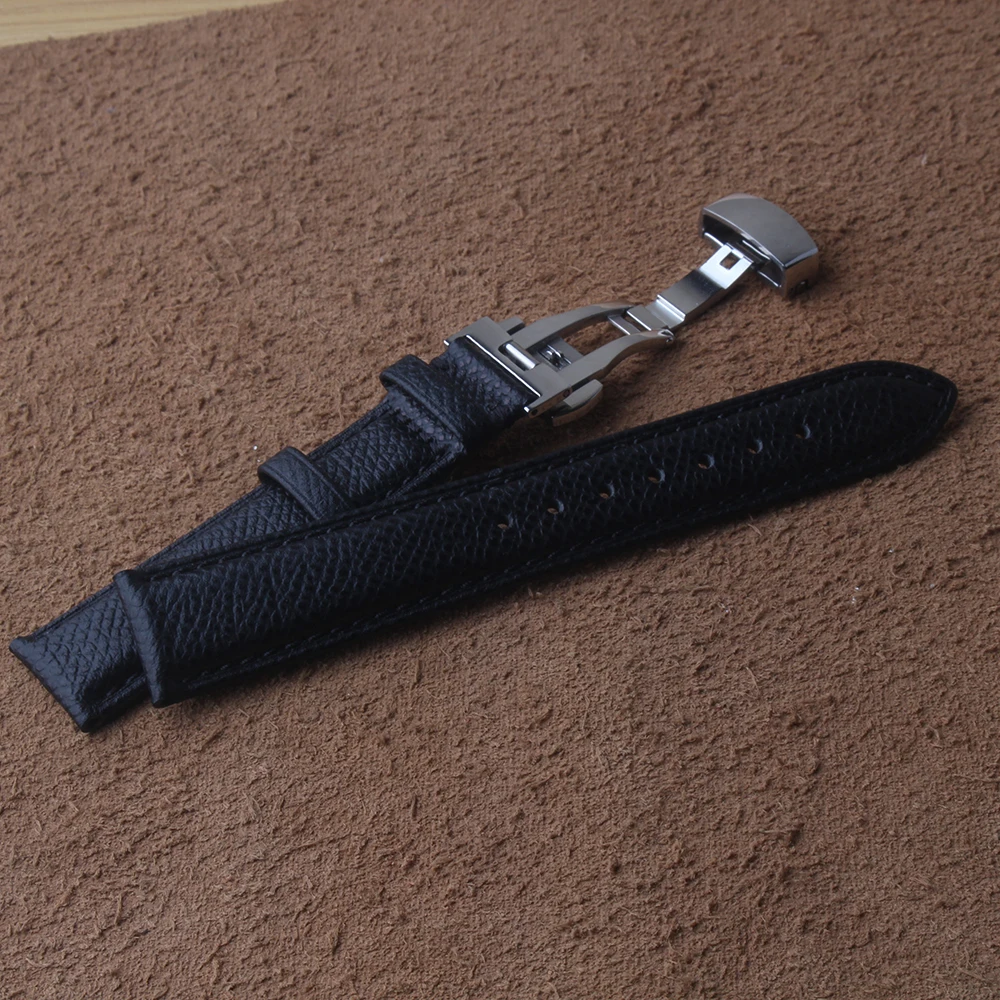 

Black Watchband Genuine Leather Watch strap With stainless steel Buckle Silver 16mm 18mm 20mm Lizard grain Waterproof soft band