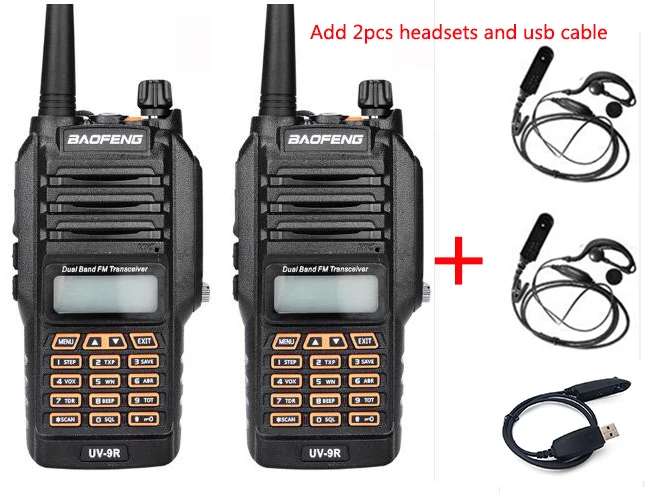 2 шт. обновление Baofeng UV-9R с IP67 Водонепроницаемый рация 8 Вт UHF VHF Двухдиапазонная двухсторонняя радиостанция 128CH пара BAO FENG 9R - Цвет: add cable 2 headsets