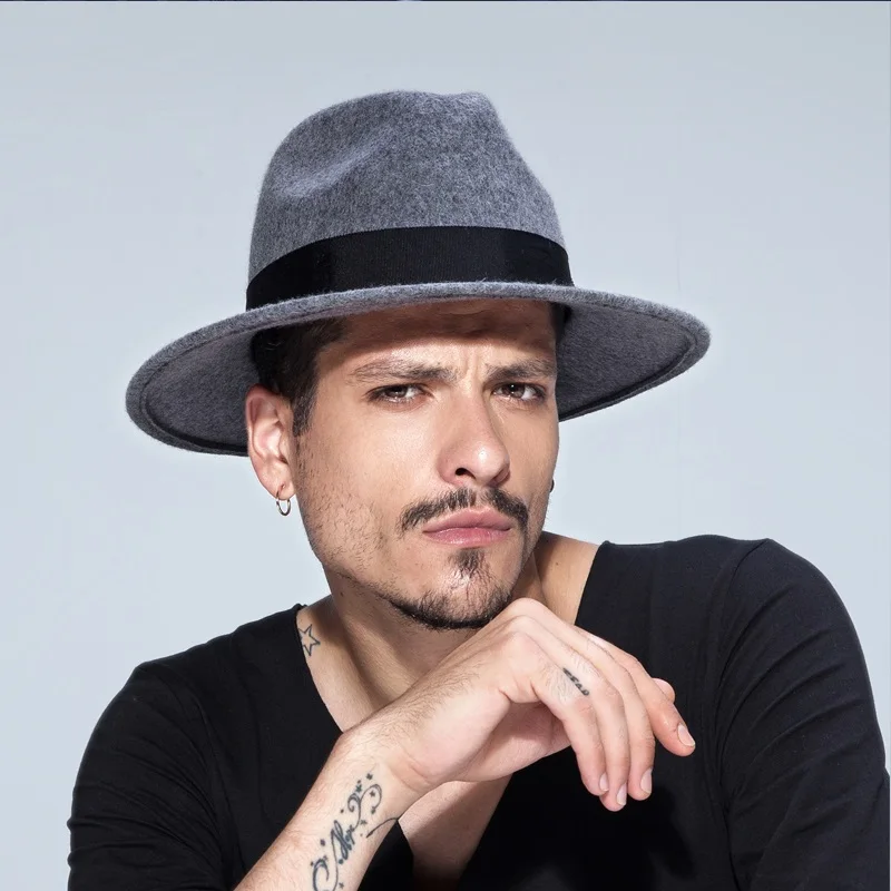 Мужская фетровая шляпа английская Панама джазовая из 100% шерсти черная с широкими