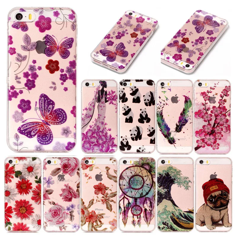 Для iPhone 5S iPhone5 SE прозрачный чехол с животным цветком из силикона ТПУ Мягкая задняя