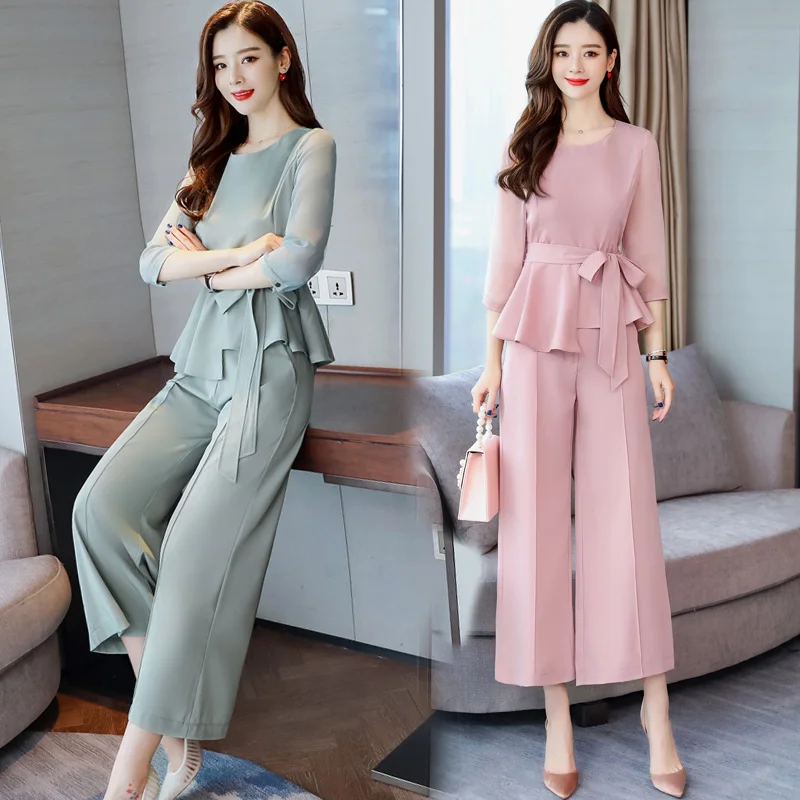 Весенние Женский комплект 2 шт. широкие брюки палаццо Pantalon Femme Conjunto Feminino летний