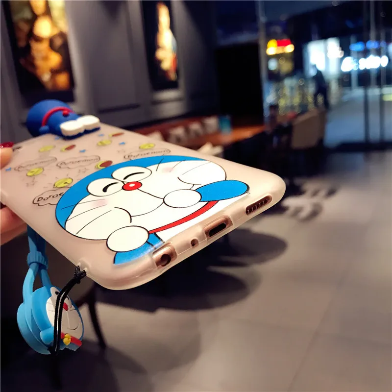 3D Doraemon case For iPhone 8 /8 Plus cute Tempered Glass for 7 plus /7 6 6s doll clear cover cartoon color film +rope |