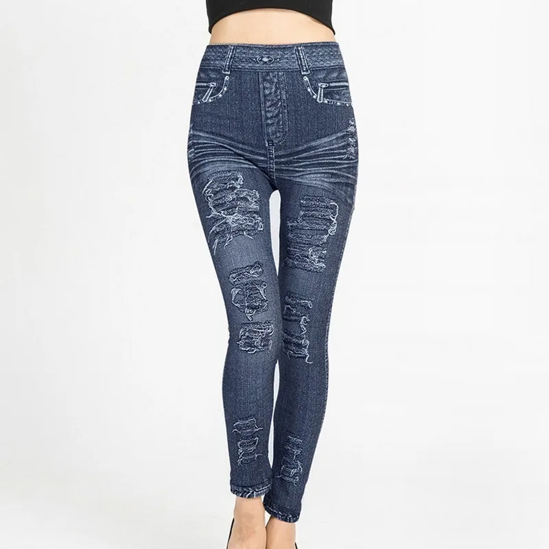 Модные тонкие женские леггинсы из искусственной лосины джинсовой ткани