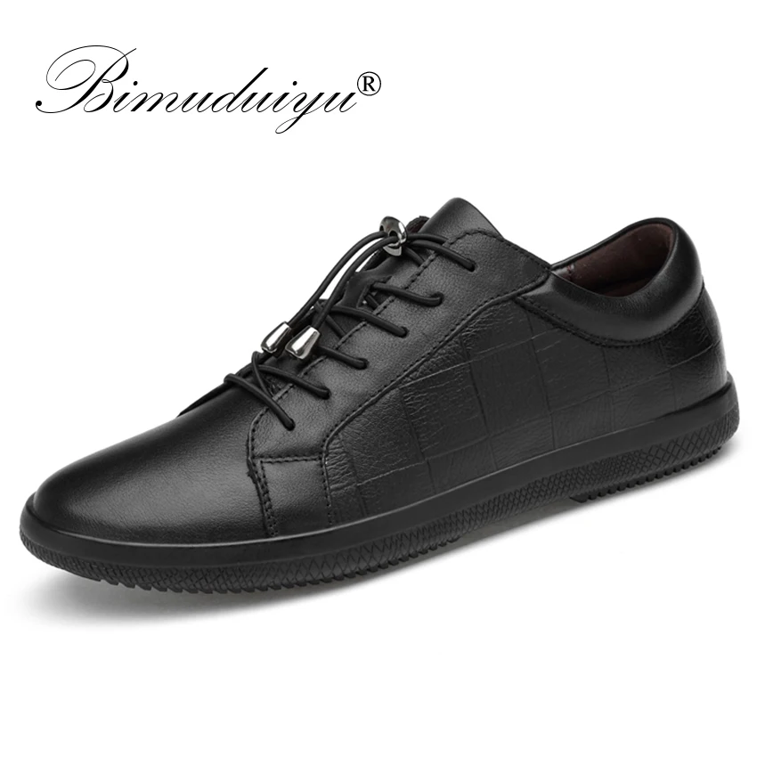 

BIMUDUIYU Brand Genuine Leather Men Shoes Lace-Up Breathable Soft Autumn Casual Flats Shoes Simple Black Style Fashion Sneakers