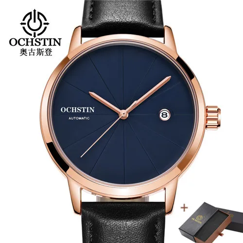 Rose Gold Blue Box Ochстин Топ бренд Роскошные мужские часы Дата спортивные автоматические механические часы мужские часы Простой стиль кожаные Наручные часы - Цвет: Rose Gold Blue Box