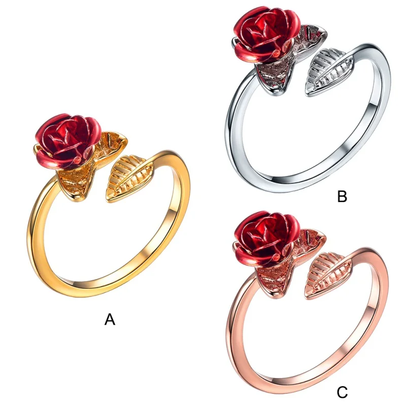 Party Favors Red Rose Garden Flower Leaves Resizable Finger Rings Women Valentine's Day Lover Wedding Decor Gift Jewelry Party