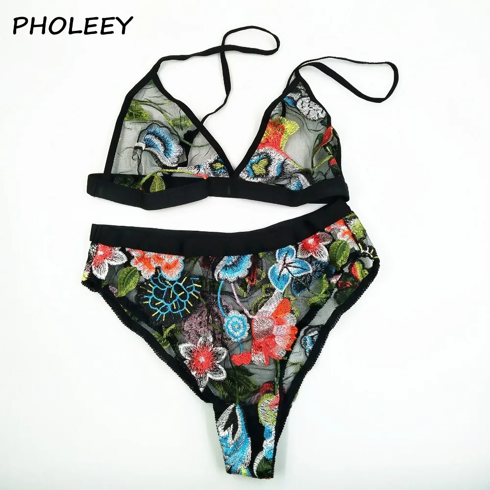 PHOLEEY Цветочный комплект с вышивкой сексуальное женское нижнее белье прозрачные