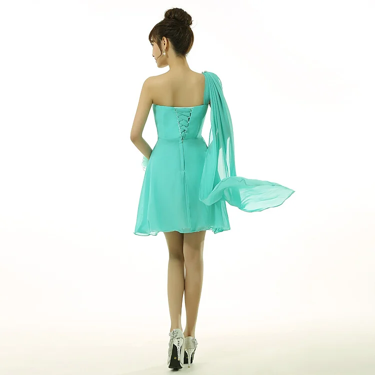 

one shoulder draped bridesmaid dresses short turquoise brides maid a line summer dress plus size for wedding guests H2701