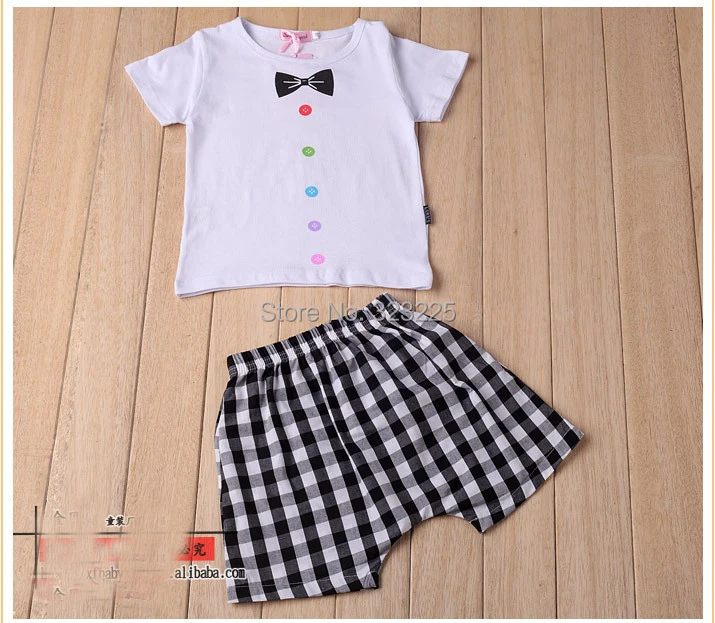 Retail 2014 summer new cotton Boys plaid strap Leisure suit Children's short-sleeved Free shipping | Тематическая одежда и