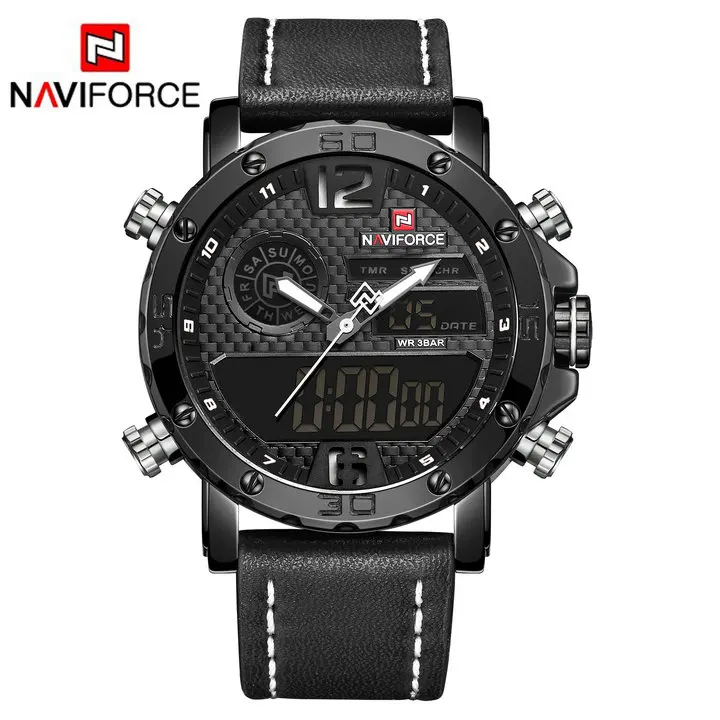 BLACK WHITE NAVIFORCE Роскошные брендовые модные спортивные часы мужские водонепроницаемые Двойные Кварцевые часы кожа ремешок светодиодный аналоговые с указанием даты цифровые часы - Цвет: BLACK WHITE