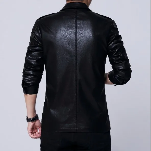 China Style Mens Double Breasted Faux Leather Jacket Men Turn Down Collar Pu Coat Slim Outerwear Many Pocket 4XL 5XL | Мужская одежда