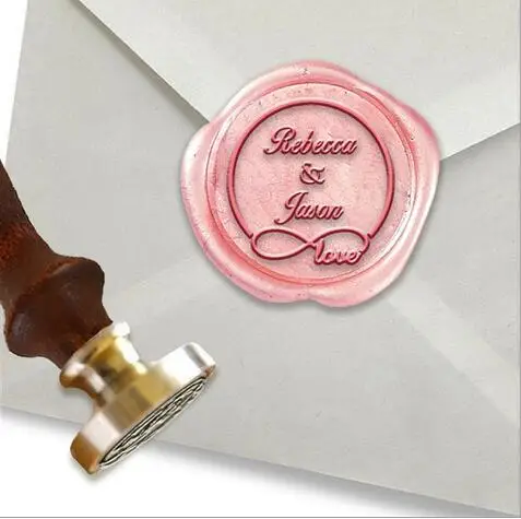 

Wedding Personalized Custom Wax Seal Stamp on a 1 1/8" die- #1960 Birds of Paradise Font with Names & Infinity-Love