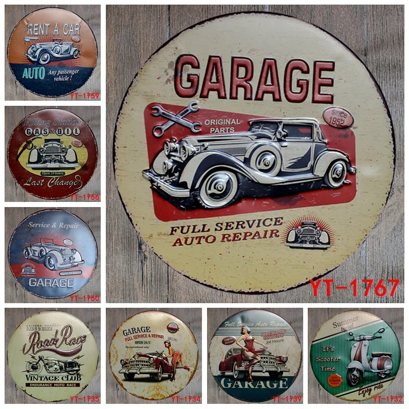 

30X30CM/ round plates antique retro metal tin signs car garage scooter motorcycle Iron painting poster vintage home wall plaque