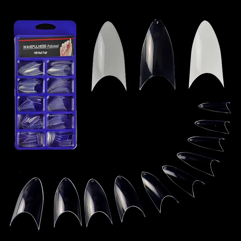 

WAKEFULNESS Stiletto False Nails Tips 100Pcs Curved Clear White Nature Fake Nails Art Decorations C Shape Tips
