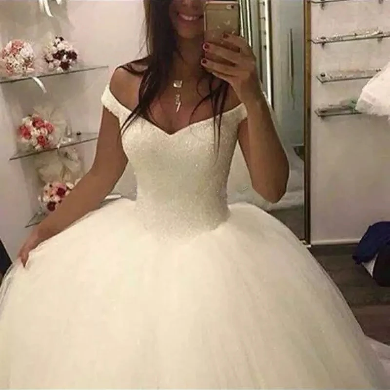 

2018 Robe De Mariage Off-Shoulder Princess Bling Bling Luxury Crystals Ball Gown Wedding Dress Custom Made Vestido De Noiva