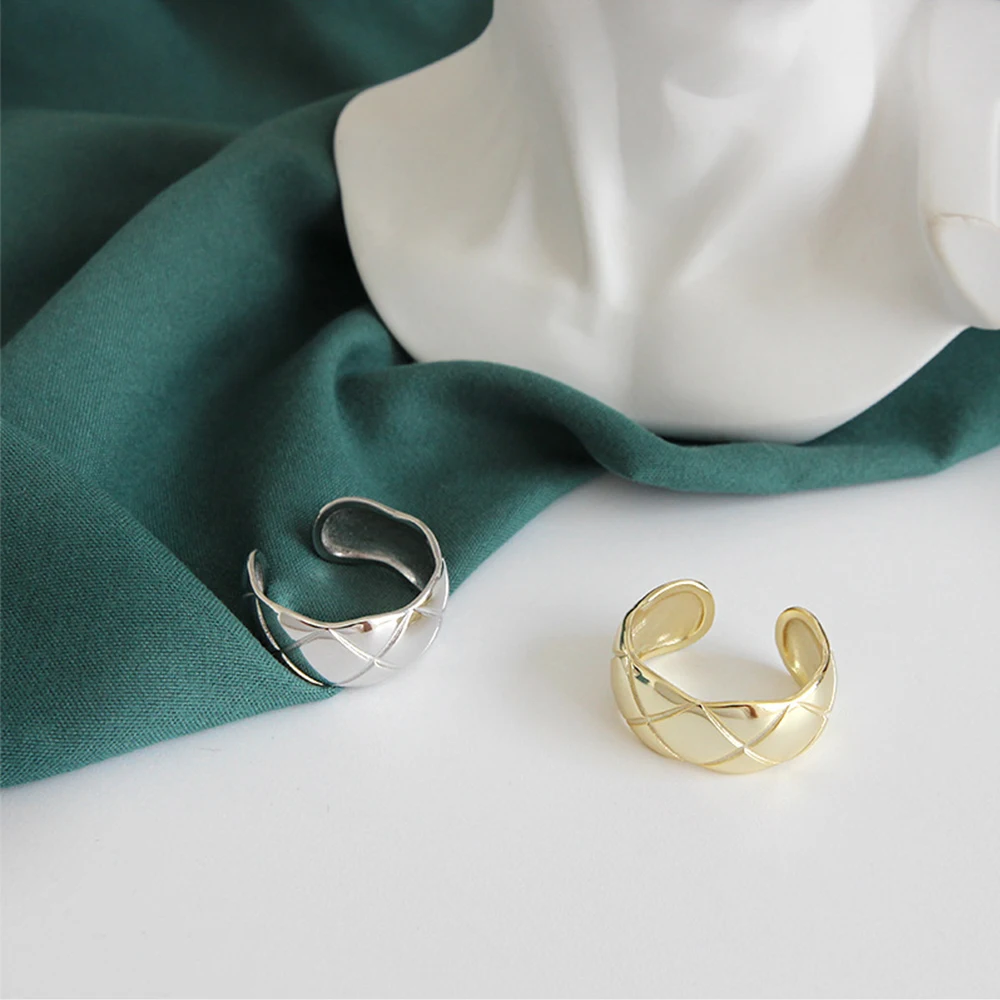 DAIWUJAN 100% 925 Sterling Silver Open Ring Korean Simple Personality Rhombic Plaid Gold Color Finger Jewelry Female | Украшения и