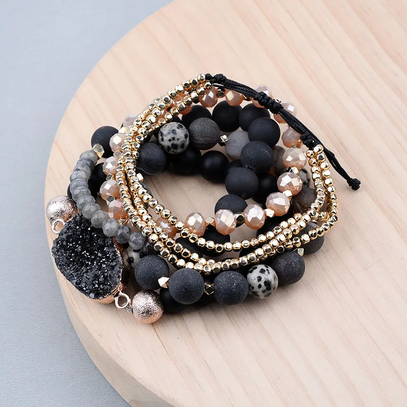 Bracelets Set Браслеты BOJIU из натурального матового камня, набор для женщин, золотой крошечный гематит, черный, Drzuy, оникс, речной камень, розовый кристалл, браслет, BCSET200 - Окраска металла: Bracelets Set