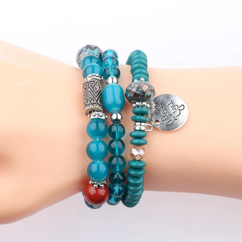 OIQUEI Fashion Jewelry 3PCS/Set Bohemian Vintage Womens Bracelets Multilayer Natural Stone Beads Charm Bracelets For Women