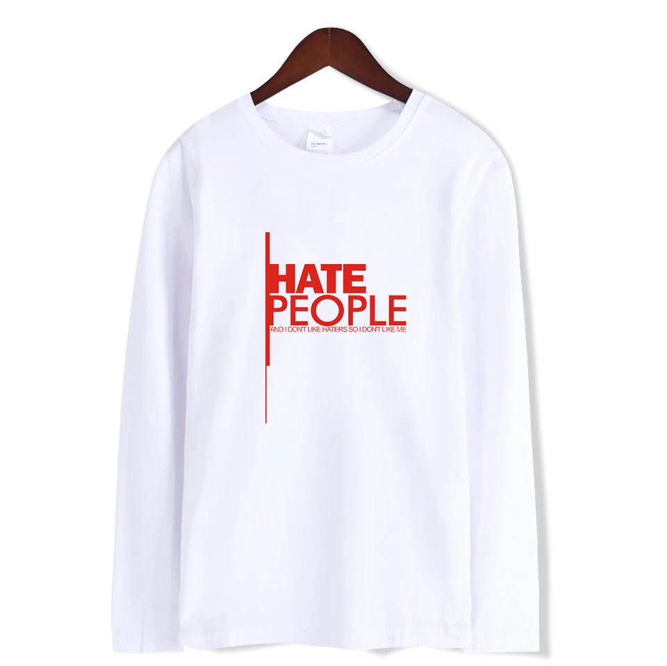 New hot T-shirt men's I Hate People Long sleeve t-shirt letter printing trend casual bottoming round neck shirt | Мужская одежда