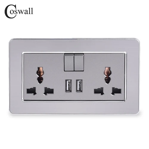 Grey COSWALL 2 банды 13A универсальная Коммутируемая розетка двойной USB порт зарядки выход 2.1A настенная розетка из нержавеющей стали матовая панель - Тип: Grey