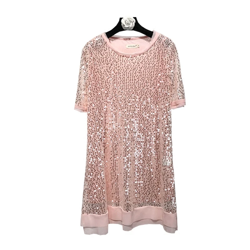 Boho Лето Женщины платье моды шить с короткими рукавами и круглым вырезом блестками розовый пляжная одежда Femme